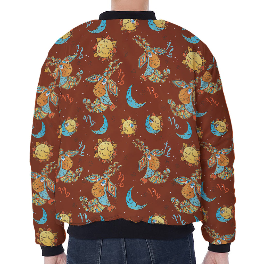 Cute Cartoon Capricorn Pattern Print Zip Sleeve Bomber Jacket