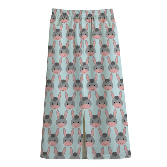 Cute Cartoon Donkey Pattern Print Cotton Front Slit Maxi Skirt