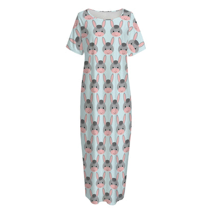 Cute Cartoon Donkey Pattern Print Short Sleeve Long Nightdress