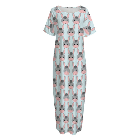 Cute Cartoon Donkey Pattern Print Short Sleeve Long Nightdress