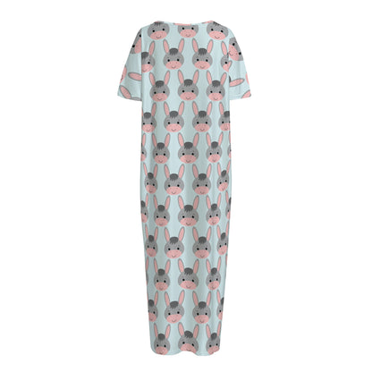 Cute Cartoon Donkey Pattern Print Short Sleeve Long Nightdress