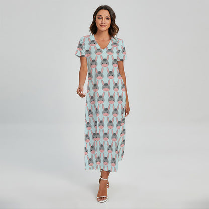 Cute Cartoon Donkey Pattern Print Short Sleeve Maxi Dress