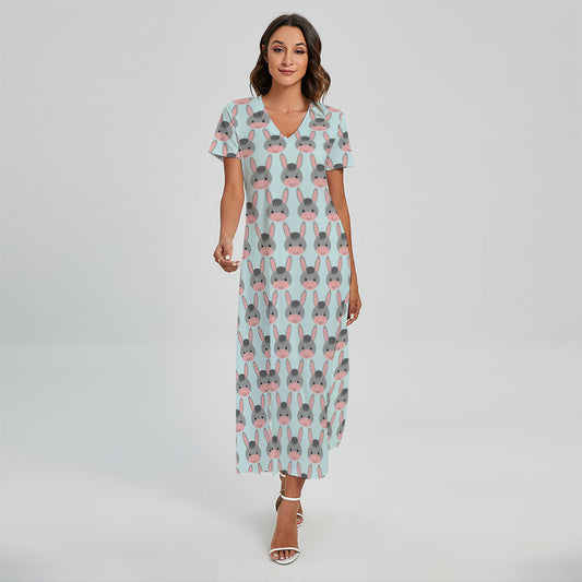 Cute Cartoon Donkey Pattern Print Short Sleeve Maxi Dress