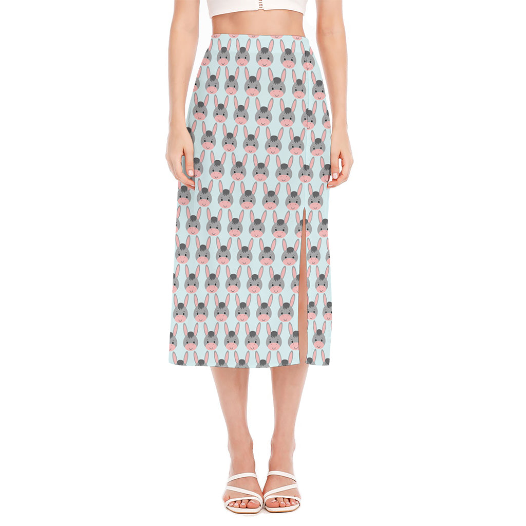 Cute Cartoon Donkey Pattern Print Side Slit Midi Skirt