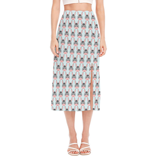 Cute Cartoon Donkey Pattern Print Side Slit Midi Skirt