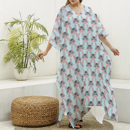 Cute Cartoon Donkey Pattern Print Silk V-Neck Kaftan Dress