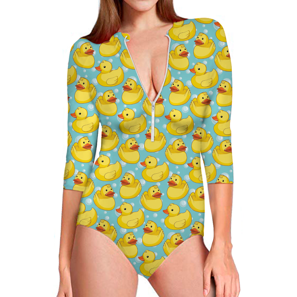 Cute Cartoon Duck Pattern Print Long Sleeve Swimsuit