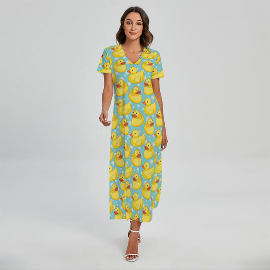 Cute Cartoon Duck Pattern Print Short Sleeve Maxi Dress
