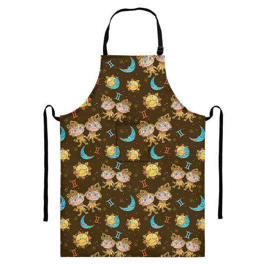 Cute Cartoon Gemini Pattern Print Bib Apron With Pocket