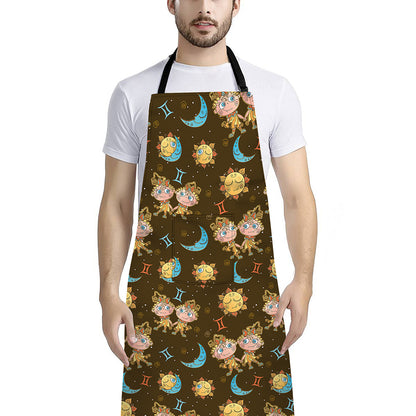 Cute Cartoon Gemini Pattern Print Bib Apron With Pocket