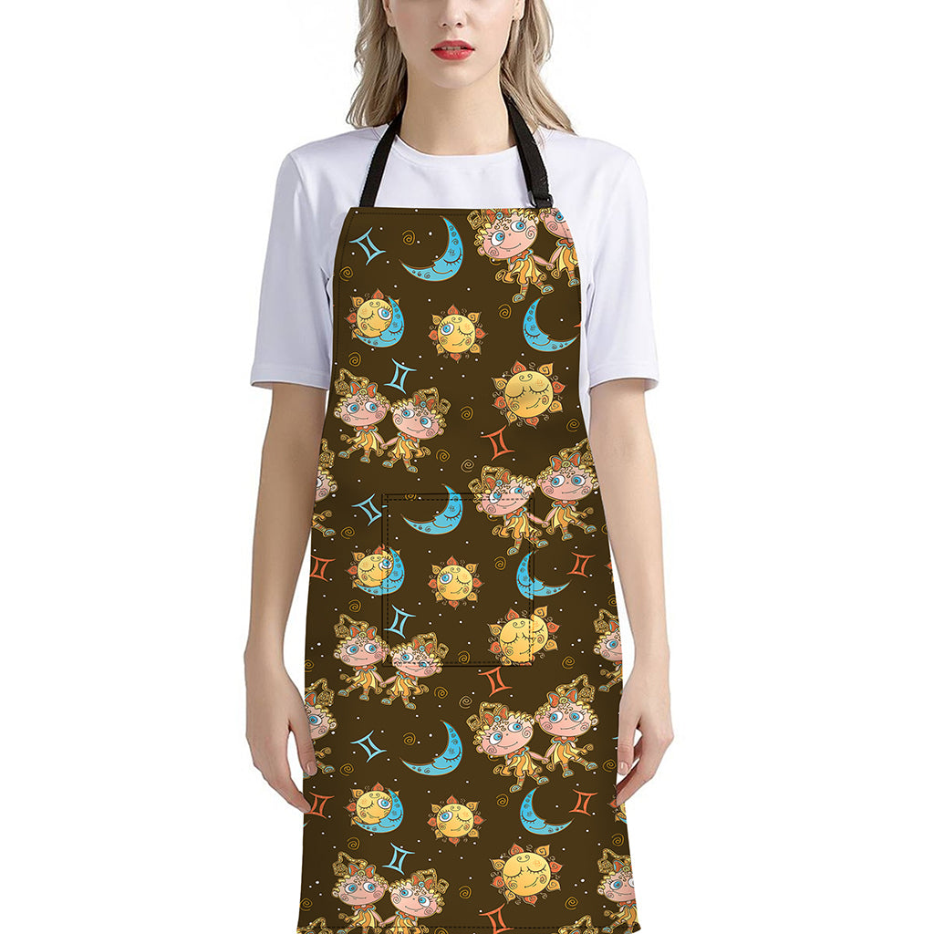 Cute Cartoon Gemini Pattern Print Bib Apron With Pocket