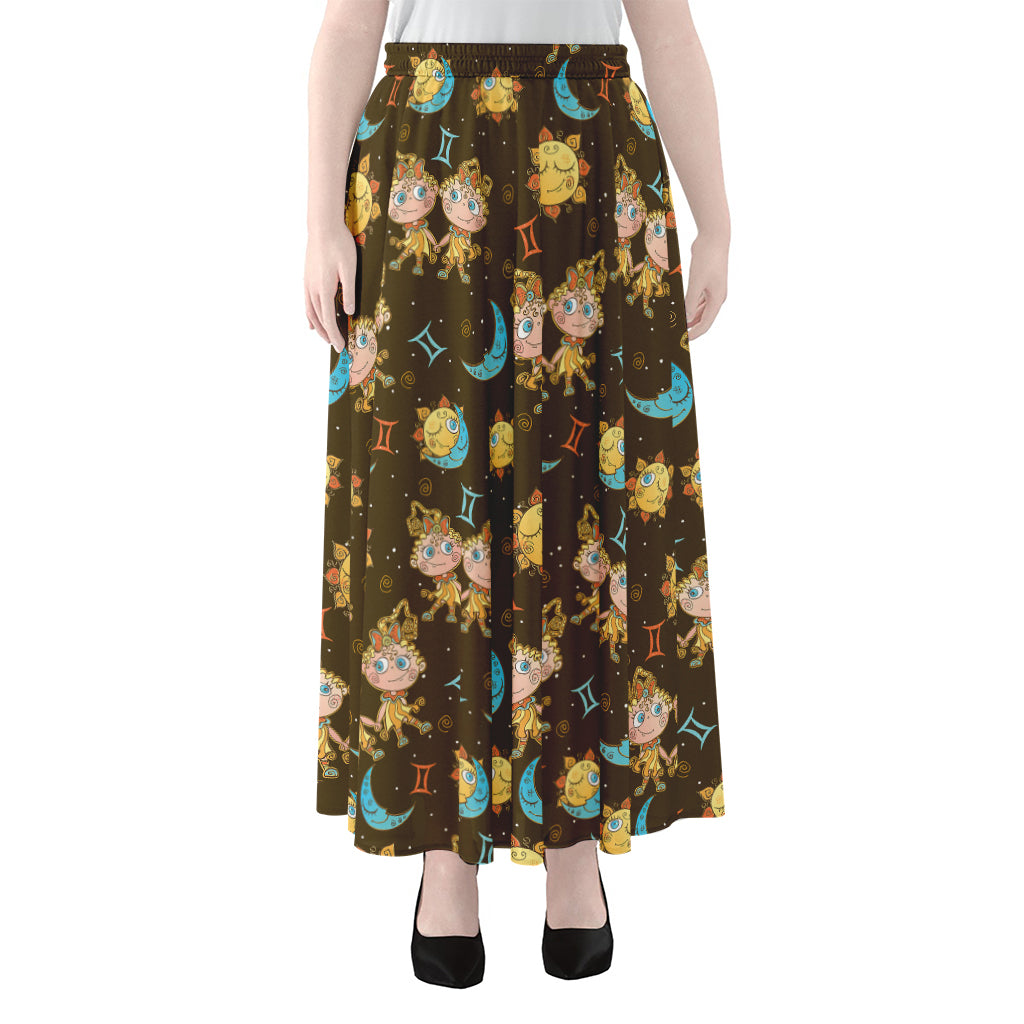 Cute Cartoon Gemini Pattern Print Chiffon Maxi Skirt