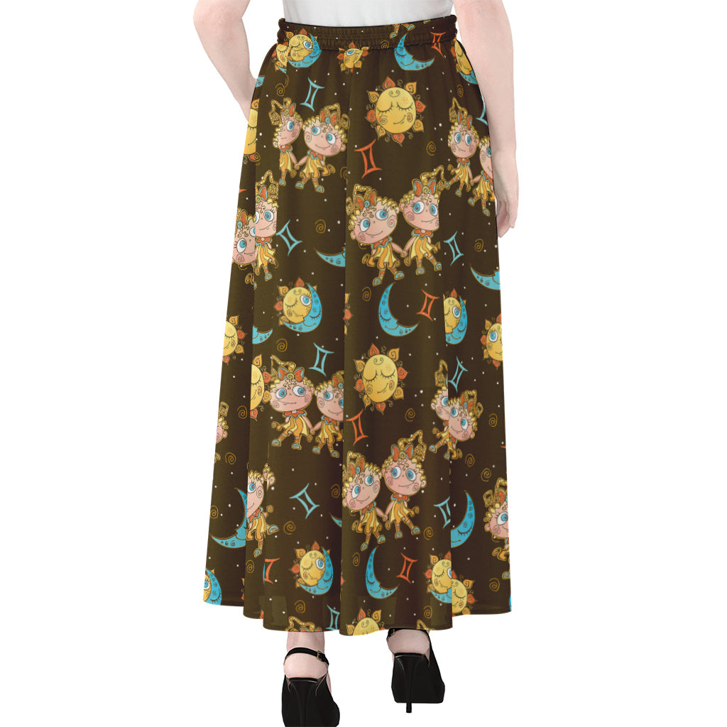 Cute Cartoon Gemini Pattern Print Chiffon Maxi Skirt