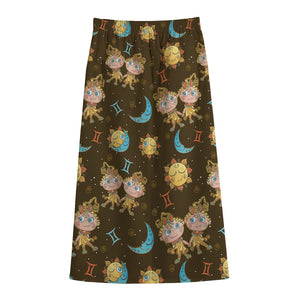 Cute Cartoon Gemini Pattern Print Cotton Front Slit Maxi Skirt