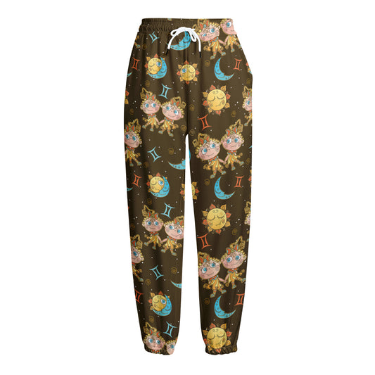 Cute Cartoon Gemini Pattern Print Fleece Lined Knit Pants