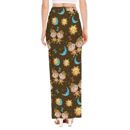 Cute Cartoon Gemini Pattern Print High Slit Maxi Skirt
