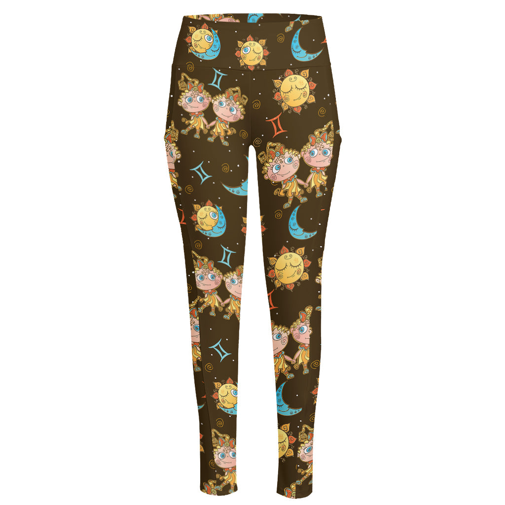 Cute Cartoon Gemini Pattern Print High-Waisted Pocket Leggings