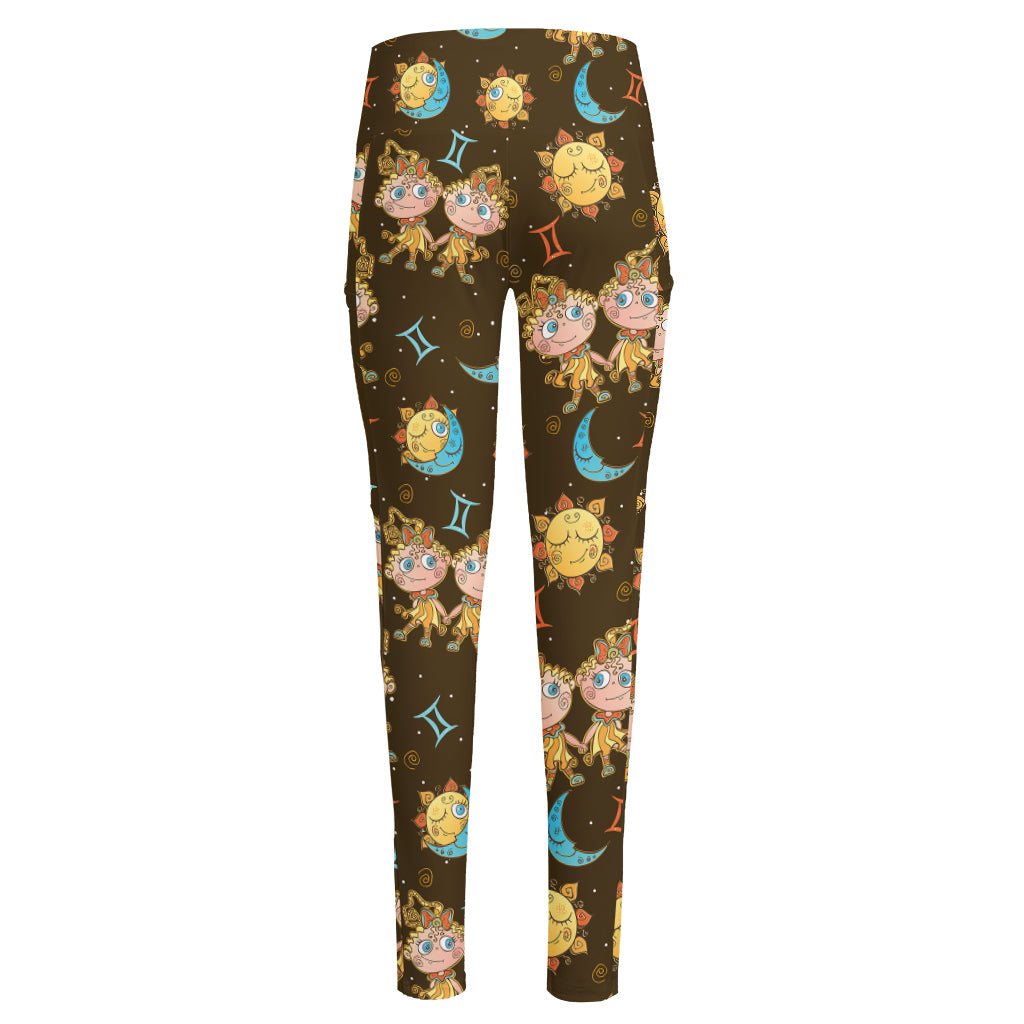 Cute Cartoon Gemini Pattern Print High-Waisted Pocket Leggings