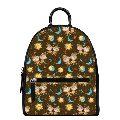 Cute Cartoon Gemini Pattern Print Leather Backpack