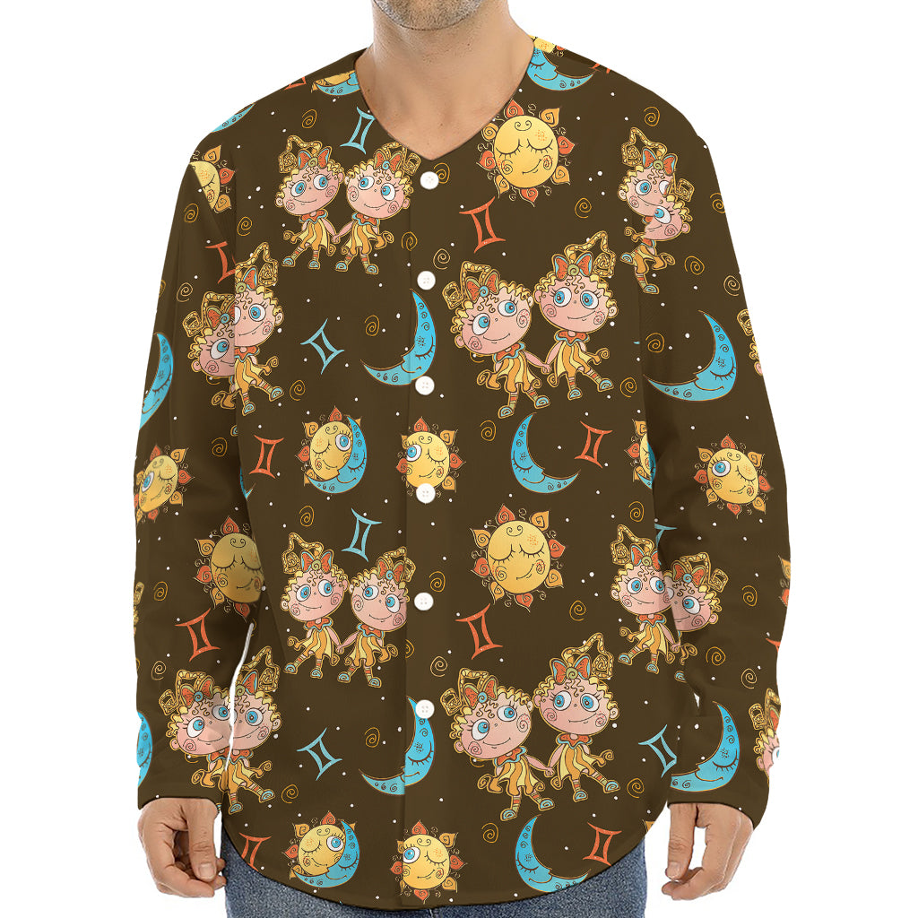 Cute Cartoon Gemini Pattern Print Long Sleeve Baseball Jersey