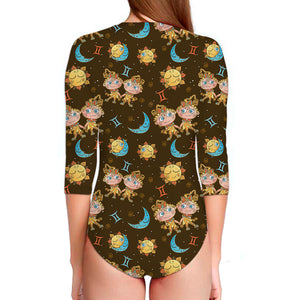 Cute Cartoon Gemini Pattern Print Long Sleeve Swimsuit