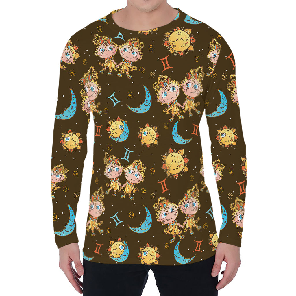 Cute Cartoon Gemini Pattern Print Men's Long Sleeve T-Shirt