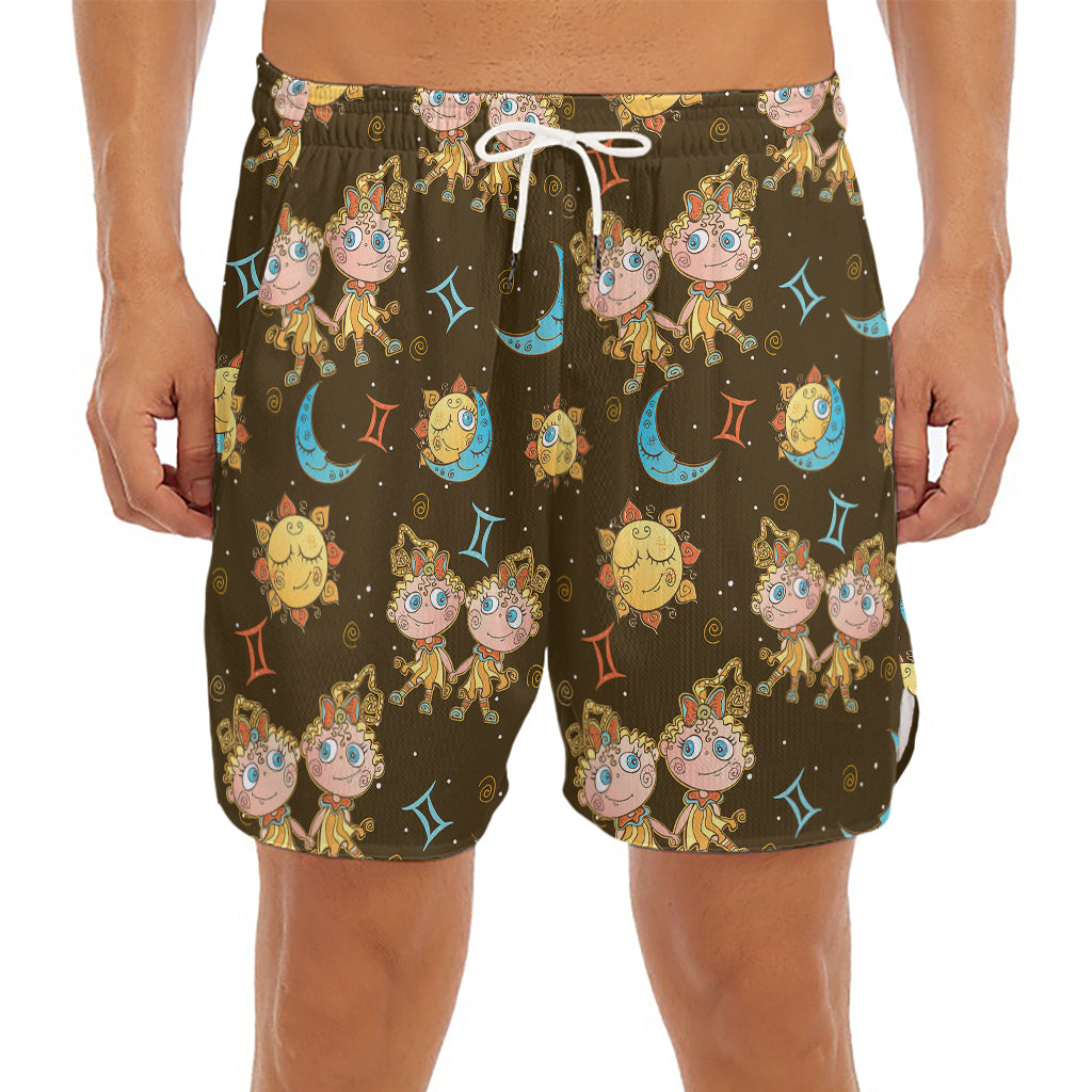 Cute Cartoon Gemini Pattern Print Men's Split Running Shorts