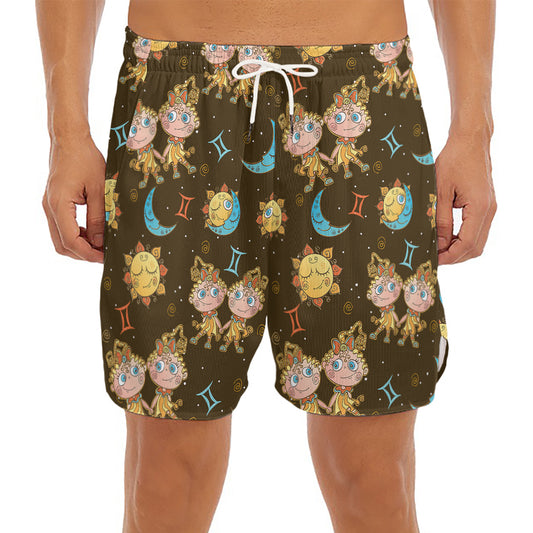 Cute Cartoon Gemini Pattern Print Men's Split Running Shorts