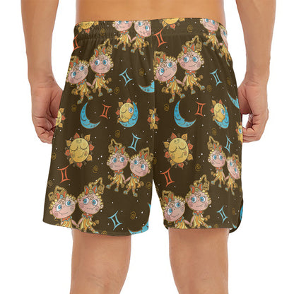Cute Cartoon Gemini Pattern Print Men's Split Running Shorts