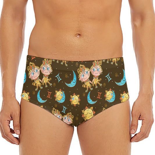 Cute Cartoon Gemini Pattern Print Men's Triangle Swim Briefs