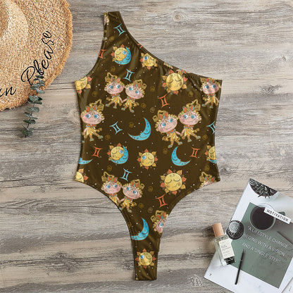 Cute Cartoon Gemini Pattern Print One Shoulder Bodysuit
