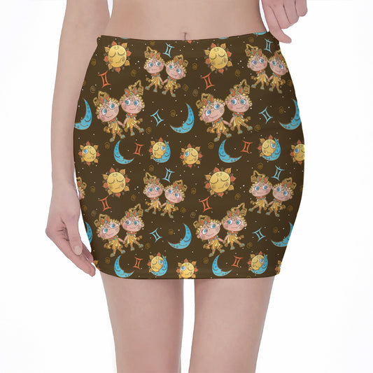 Cute Cartoon Gemini Pattern Print Pencil Mini Skirt