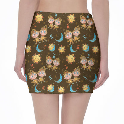 Cute Cartoon Gemini Pattern Print Pencil Mini Skirt