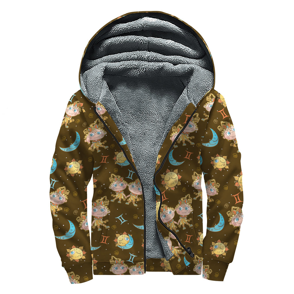 Cute Cartoon Gemini Pattern Print Sherpa Lined Zip Up Hoodie