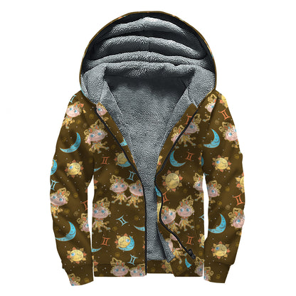Cute Cartoon Gemini Pattern Print Sherpa Lined Zip Up Hoodie