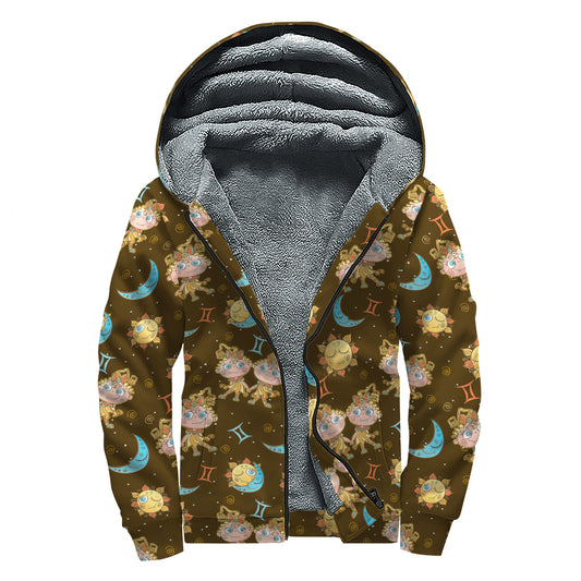 Cute Cartoon Gemini Pattern Print Sherpa Lined Zip Up Hoodie