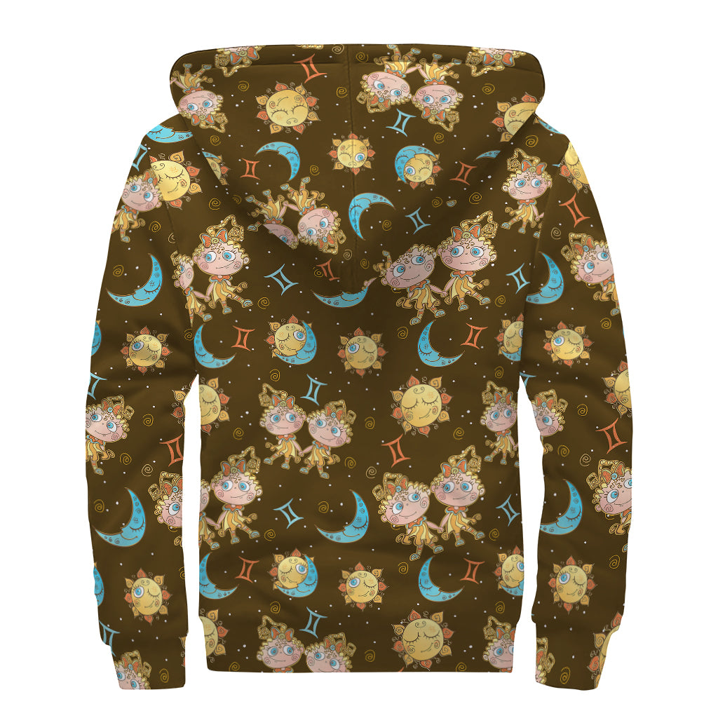 Cute Cartoon Gemini Pattern Print Sherpa Lined Zip Up Hoodie