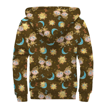 Cute Cartoon Gemini Pattern Print Sherpa Lined Zip Up Hoodie