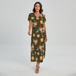 Cute Cartoon Gemini Pattern Print Short Sleeve Maxi Dress