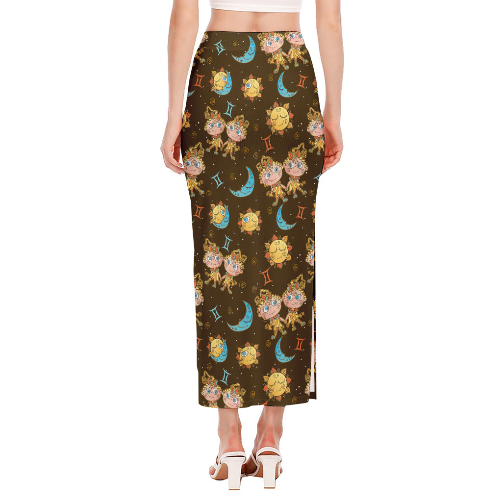 Cute Cartoon Gemini Pattern Print Side Slit Maxi Skirt