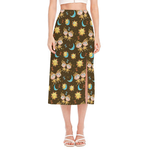 Cute Cartoon Gemini Pattern Print Side Slit Midi Skirt