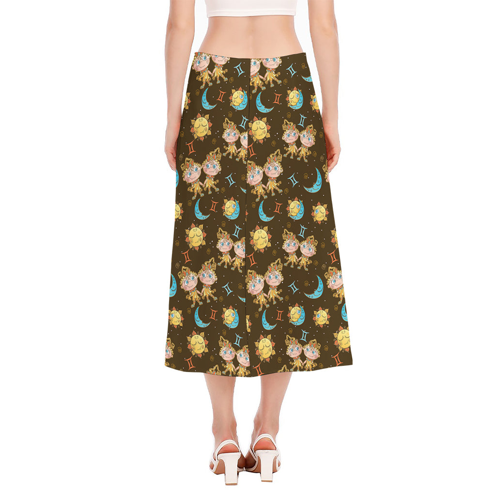 Cute Cartoon Gemini Pattern Print Side Slit Midi Skirt