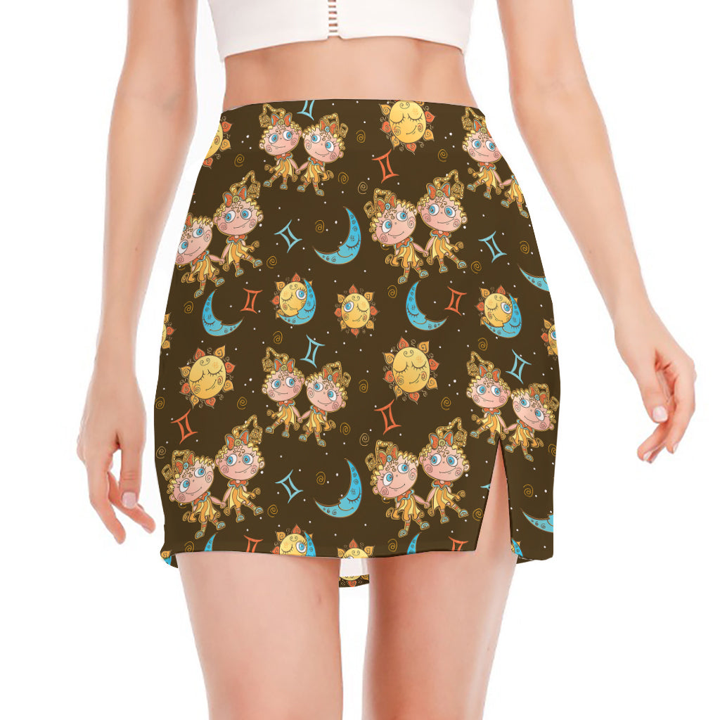 Cute Cartoon Gemini Pattern Print Side Slit Mini Skirt