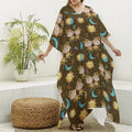 Cute Cartoon Gemini Pattern Print Silk V-Neck Kaftan Dress