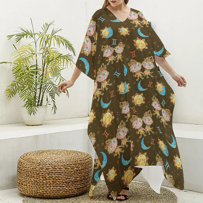 Cute Cartoon Gemini Pattern Print Silk V-Neck Kaftan Dress