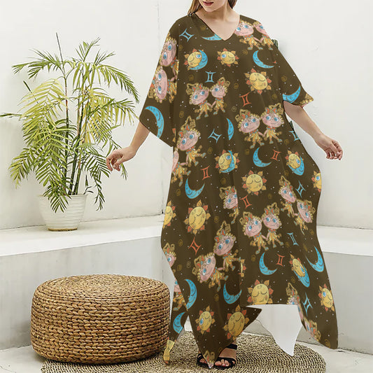 Cute Cartoon Gemini Pattern Print Silk V-Neck Kaftan Dress