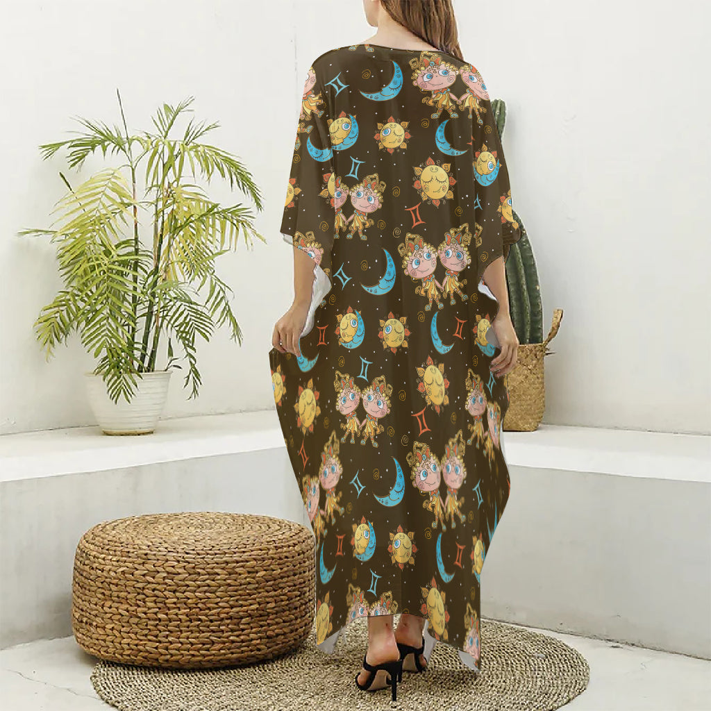 Cute Cartoon Gemini Pattern Print Silk V-Neck Kaftan Dress