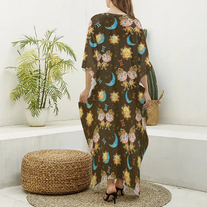 Cute Cartoon Gemini Pattern Print Silk V-Neck Kaftan Dress