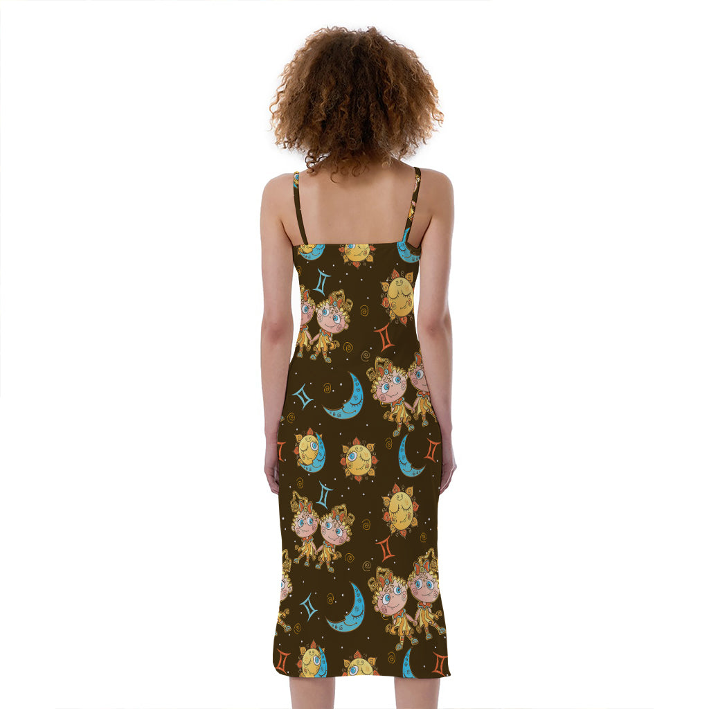 Cute Cartoon Gemini Pattern Print Slim Fit Midi Cami Dress