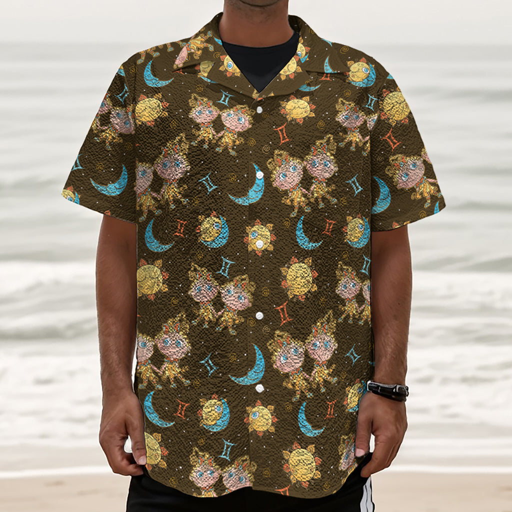 Cute Cartoon Gemini Pattern Print Textured Short Sleeve Shirt
